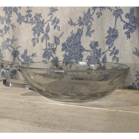 Vintage Etched Glass Butterfly Flowers Nappy Bowl with Handle - Picture 6 of 10